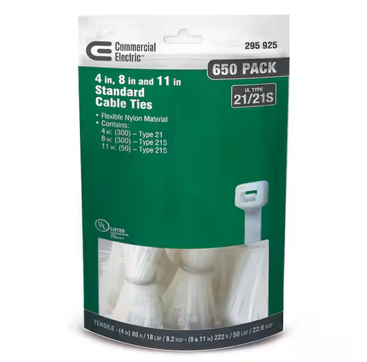 4in, 8in, 11in Assorted Standard UL 21S Rated Cable Zip Ties 650 COMBO Pack Natural (White) - 9295925