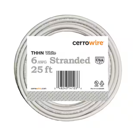 25 ft. 6 Gauge White Stranded Copper THHN Wire - 9205623