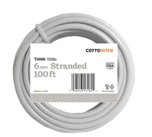 100 ft. 6 Gauge White Stranded Copper THHN Wire - 9206245