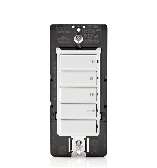 Decora 15 Amp 4-Hour Indoor In-Wall Timer Switch, 1/2 HP/9.8 Amp Fan/Motor, No Neutral Required, Single Pole, White - 91010072587