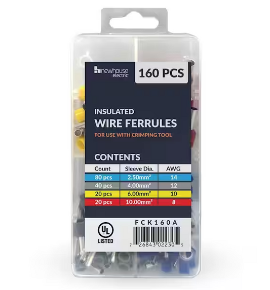Insulated Wire Ferrule Refill Kit 160 Pcs Sized AWG 14-8 For Use With Crimping Tool - 91010015643