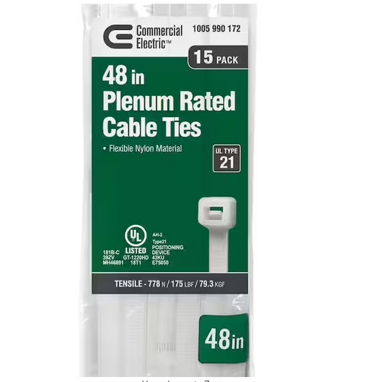48in Heavy Duty 175lb Tensile Strength UL 21S Rated Cable Zip Ties 15 Pack Natural (White) - 91005990172