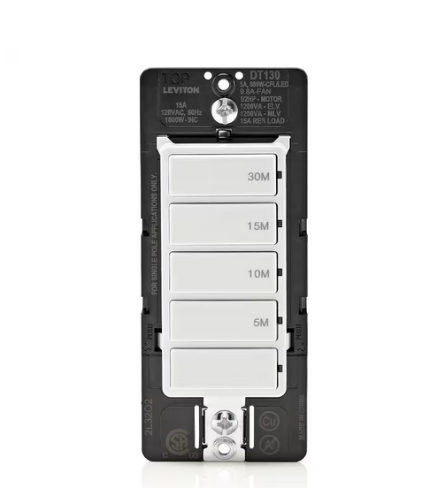 Decora 15 Amp 30-Minute Indoor In-Wall Timer Switch, 1/2 HP/9.8Amp Fan/Motor, No Neutral Required, Single-Pole, White - 91010104523