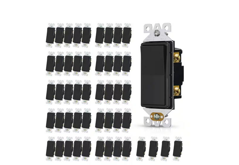 15 Amp Single-Pole Decorative Paddle Rocker Light Switch Glossy Black (50-Pack) - 91010577854