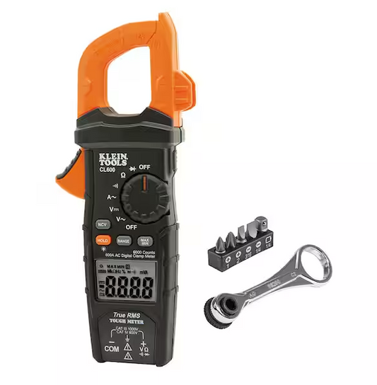 600 Amp AC True RMS Auto-Ranging Digital Clamp Meter and 1/4 in. Drive Electrician's Mini Ratchet Tool Set