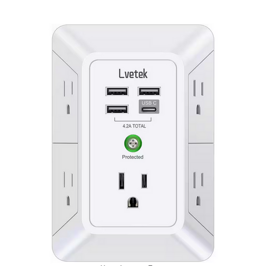 5-Outlet Extender USB Wall Charger Adapter Spaced for Home, Travel, Office - 91010620657