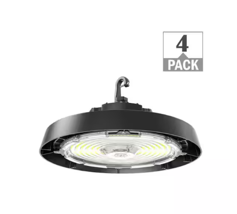 400-Watt Equivalent 11 in. Round Integrated LED Black High Bay Light 13500-22500 Lumens Adjustable CCT 120-277V (4-Pack) - 91010331253