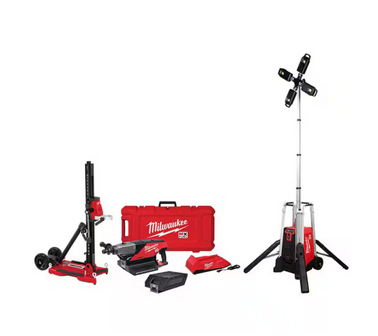 MX FUEL ROCKET Tower Light/Charger and MX FUEL Lithium-Ion Cordless Handheld Core Drill Kit with Stand