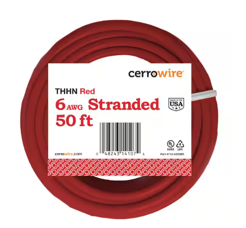 50 ft. 6 Gauge Red Stranded Copper THHN Wire - 9206837