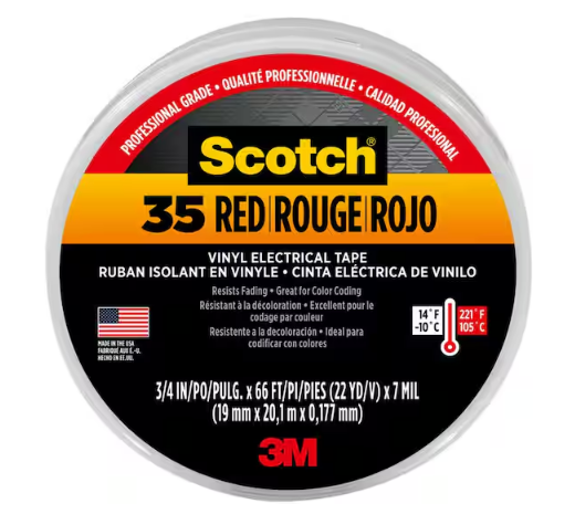 Scotch 3/4 in. x 66 ft. x 0.007 in. #35 Vinyl Electrical Tape, Red (Case of 10) - 91003964003