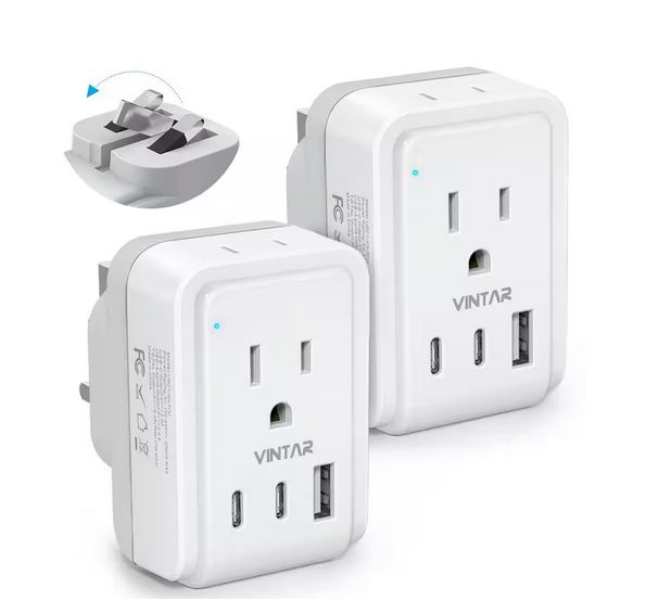 3.4 Amp. Grounded Plug Travel Adapter with 2 Outlets and 3 USB Ports 2 USB C 5 in 1 UK Outlet Adapter for US to England - 91012166198