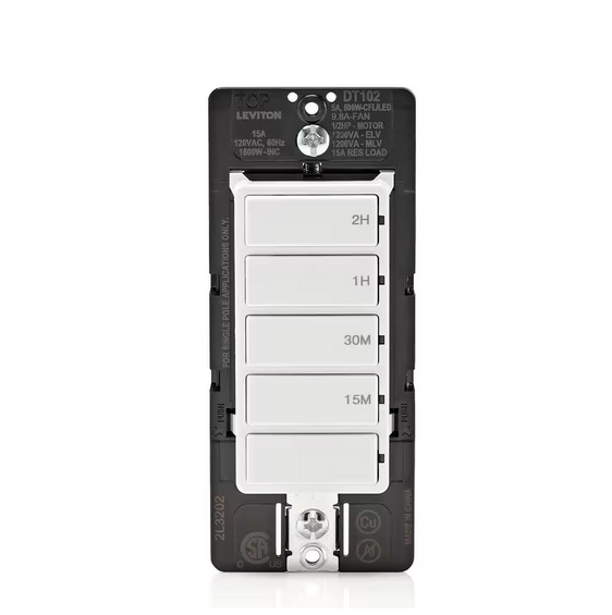 Decora 15 Amp 2-Hour Indoor In-Wall Timer Switch, 1/2 HP/9.8 Amp Fan/Motor, No Neutral Required, Single Pole, White - 91010072585