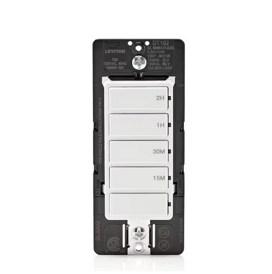 Decora 15 Amp 2-Hour Indoor In-Wall Timer Switch, 1/2 HP/9.8 Amp Fan/Motor, No Neutral Required, Single Pole, White - 91010072585