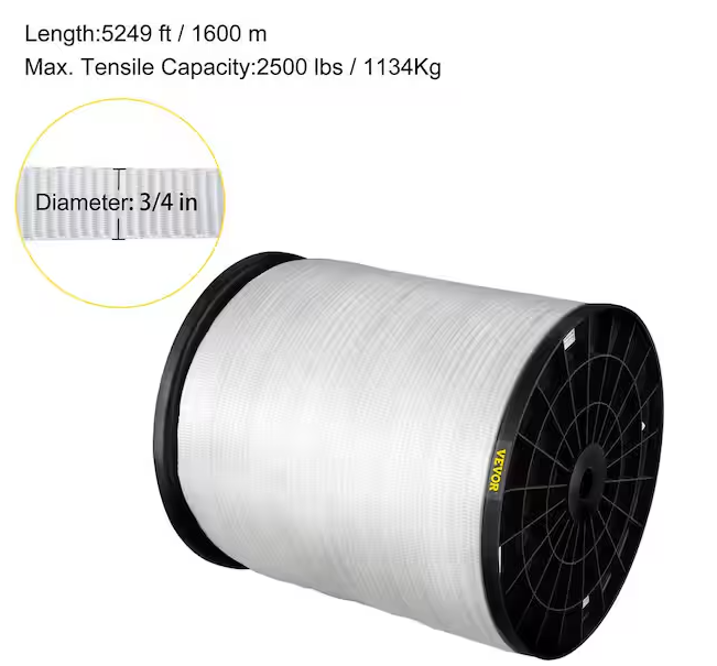 2500 lbs. Polyester Pull Tape 318 ft. x 3/4 in. Flat Rope for Wire and Cable Conduit Work Variable Functions, White - 91008150971