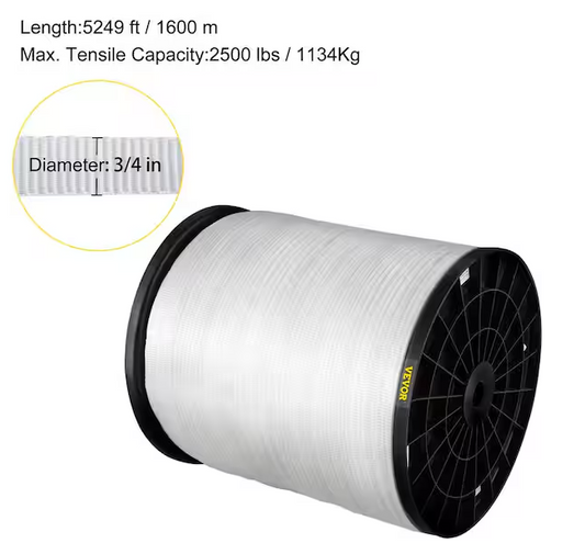 2500 lbs. Polyester Pull Tape 318 ft. x 3/4 in. Flat Rope for Wire and Cable Conduit Work Variable Functions, White - 91008150971