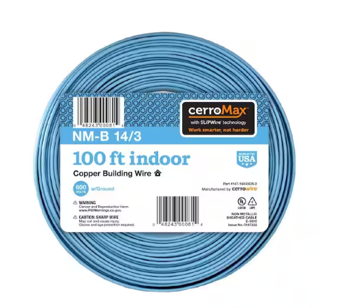 100 ft. 14/3 Light Blue Solid CerroMax SLiPWire Copper NM-B Wire - 91010898443