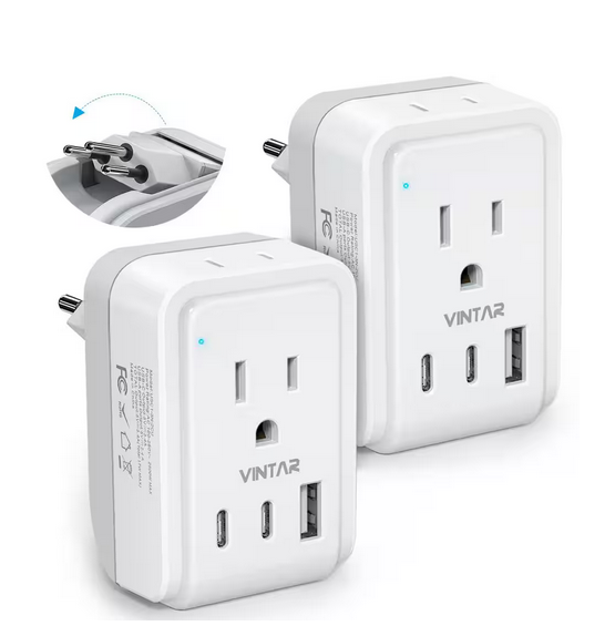 3.4 Amp. Grounded Plug Travel Adapter with 2 Outlet 3 USB Port 2 USB C Outlet 5 in 1 Type D Plug for US to India(2-Pack) - 91012130864
