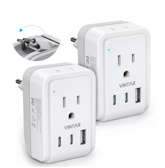 3.4 Amp. Grounded Plug Travel Adapter with 2 Outlet 3 USB Port 2 USB C Outlet 5 in 1 Type D Plug for US to India(2-Pack) - 91012130864