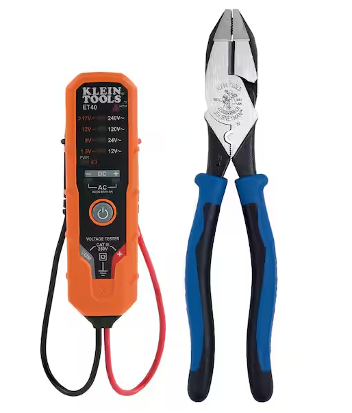 9 in. Journeyman Heavy-Duty Side Cutting Crimping Pliers and Electronic AC/DC Voltage Tester Tool Set