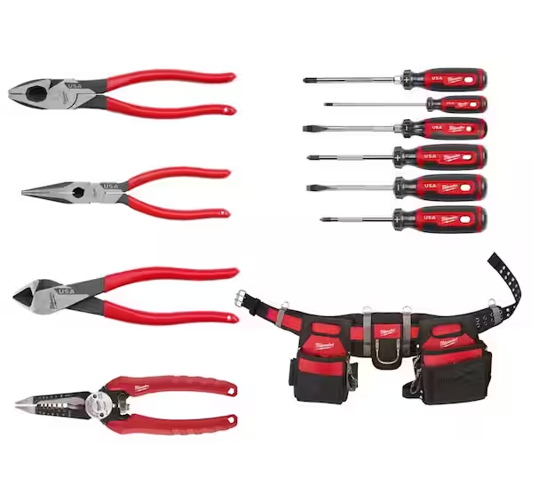 Electricians 9 in. Lineman's Dipped Grip Pliers with Screwdriver, Wire Stripper and Work Belt Hand Tool Set (11-Piece) - 91010333456