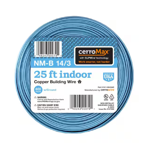 25 ft. 14/3 Light Blue Solid CerroMax SLiPWire Copper NM-B Wire - 91010898442