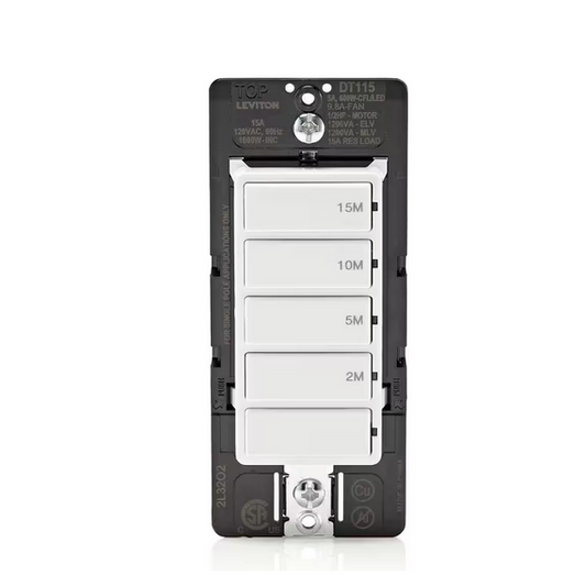 Decora 15 Amp 15-Minute Indoor In-Wall Timer Switch, 1/2 HP/9.8Amp Fan/Motor, No Neutral Required, Single-Pole, White - 91010104510