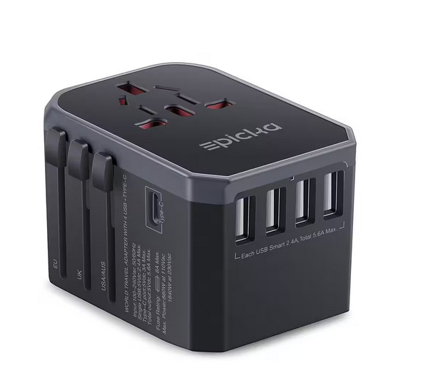 5 Amp Grounded Universal AC Plug Travel Adapter with 5 USB Ports in Grey (1-Pack) - 91011983641