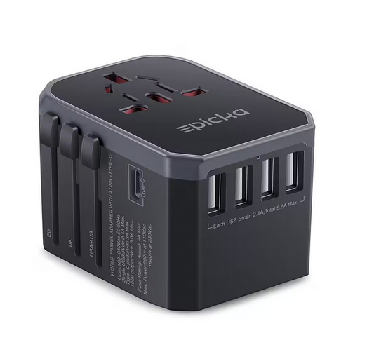 5 Amp Grounded Universal AC Plug Travel Adapter with 5 USB Ports in Grey (1-Pack) - 91011983641