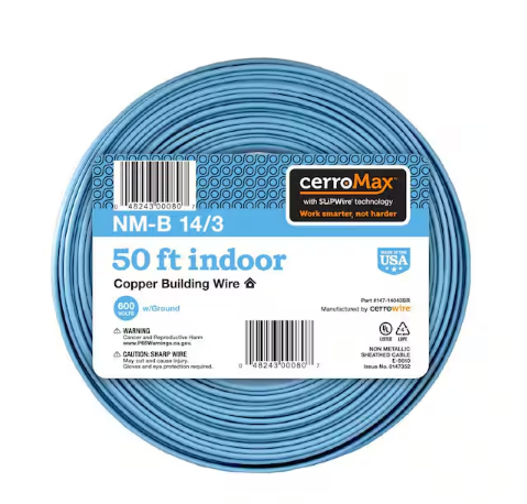 50 ft. 14/3 Light Blue Solid CerroMax SLiPWire Copper NM-B Wire - 91010898448