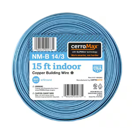 15 ft. 14/3 Light Blue Solid CerroMax SLiPWire Copper NM-B Wire - 91010898444