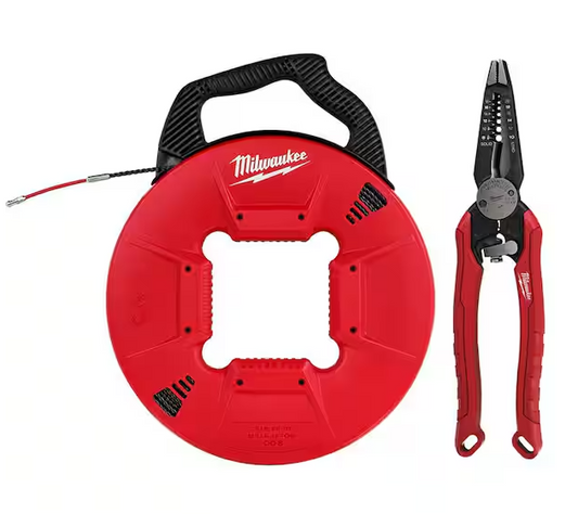 200 ft. Polyester Fish Tape with Flexible Metal Leader with 7-in-1 Combination Wire Strippers Pliers - 91006403647