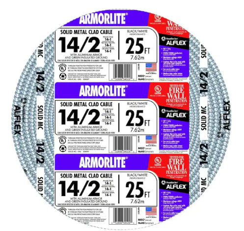 14/2 x 25 ft. Solid CU MC (Metal Clad) Armorlite Cable - 9369207