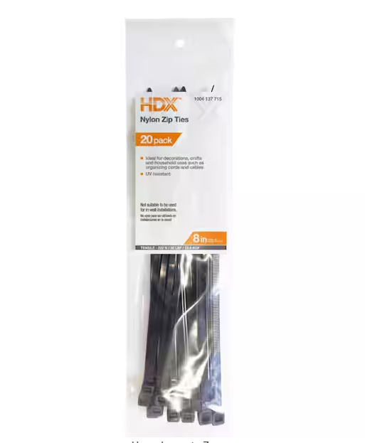 8 in. UV Resist Zip Ties, Black (20-Pack) - 91004137715
