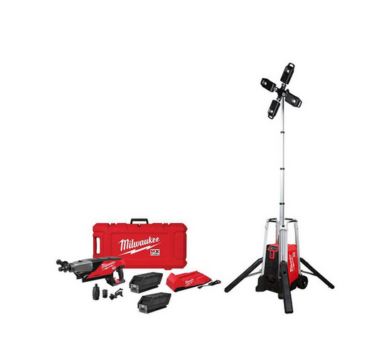 MX FUEL ROCKET Tower Light/Charger and MX FUEL Lithium-Ion Cordless Handheld Core Drill Kit