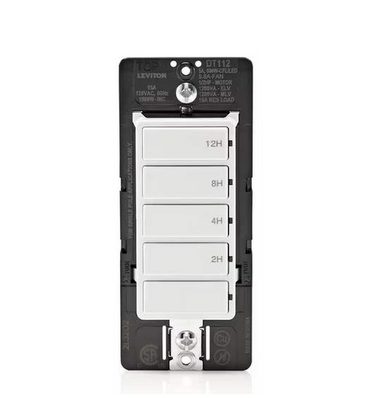 Decora 15 Amp 12-Hour Indoor In-Wall Timer Switch, 1/2 HP/9.8 Amp Fan/Motor, No Neutral Required, Single Pole, White - 91010072589