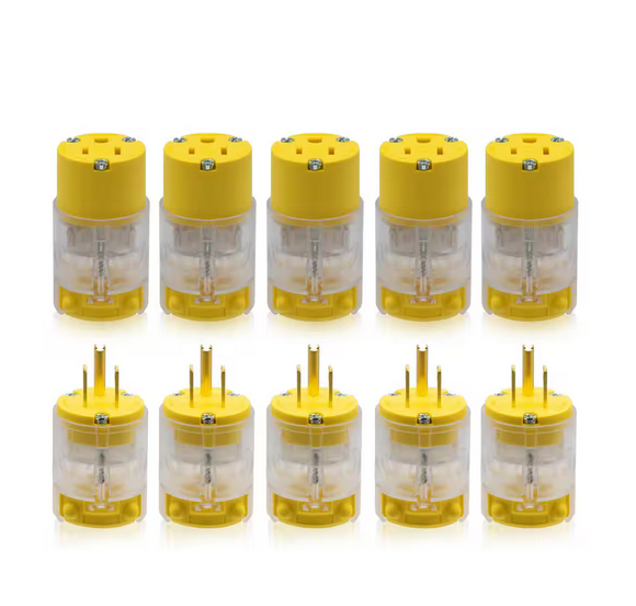 Lighted Straight Blade Plug and Connector Set, 15 Amp 125-Volt NEMA 5-15P/5-15R 2 Pole 3 Wire Grounding, Yellow (5-Set) - 91008411936