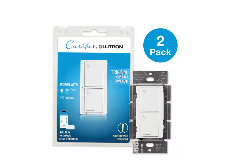Caseta Smart Switch for All Bulb Types or Fans, 5A, Neutral Wire Required, -White(PD-5ANS-WH-R-4) (4-Pack) - 91007776990