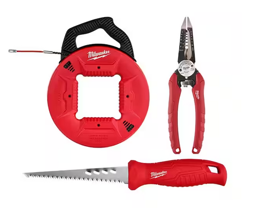 100 ft. Polyester Fish Tape with Flexible Metal Leader and 6-in-1 Wire Strippers Pliers with Rasping Jab Saw (3-Piece)