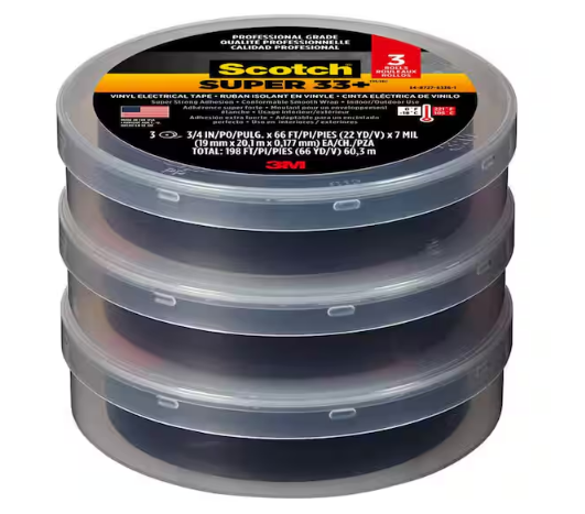 Super 33+ 3/4 in. x 66 ft. Vinyl Electrical Tape, Black (3-Pack) - 91001752501