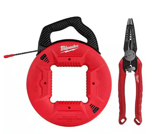 100 ft. Polyester Fish Tape with Non-Conductive Tip with 7-in-1 Combination Wire Strippers Pliers - 91006403678