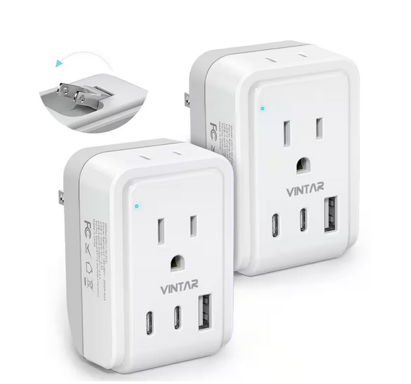 3.4 Amp. Grounded Plug Travel Adapter with 2 Outlet and 3 USB Port 2 USB C 2-3 Prong Outlet Universal Adapter (2-Pack) - 91012166195