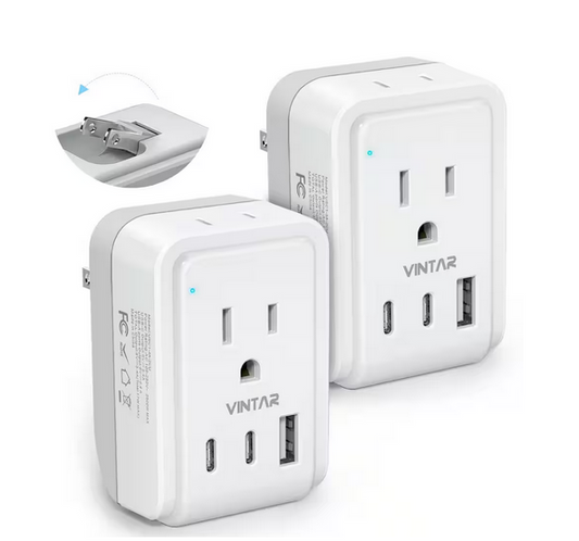 3.4 Amp. Grounded Plug Travel Adapter with 2 Outlet and 3 USB Port 2 USB C 2-3 Prong Outlet Universal Adapter (2-Pack) - 91012166195