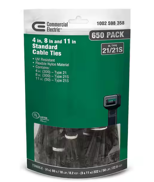 4in, 8in, 11in, Standard UL 21S Rated UV Resistant Cable Zip Ties 650 COMBO Pack UV (Black ) - 91002598358