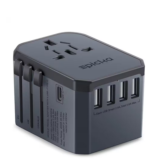 5 Amp Grounded Universal AC Plug Travel Adapter with 5 USB Ports in Space Grey (1-Pack) - 91011983644