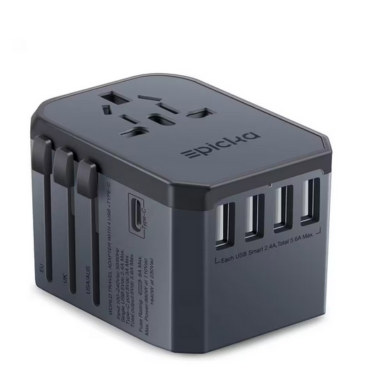 5 Amp Grounded Universal AC Plug Travel Adapter with 5 USB Ports in Space Grey (1-Pack) - 91011983644