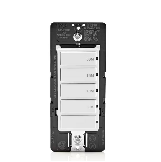 Decora 20 Amp 30-Minute Indoor In-Wall Countdown Timer Switch, 1 HP/16 Amp Fan/Motor, Single Pole/Multi-Way, White - 91010072591