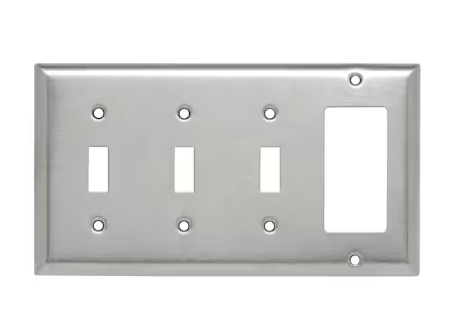 Pass & Seymour 302/304 S/S 4 Gang 3 Toggle 1 Decorator/Rocker Wall Plate, Stainless Steel (1-Pack) - 91002922857