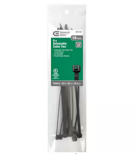 8in Reusable Releasable UL 21 Rated Cable Zip Ties 10 Pack UV (Black) - 9296184