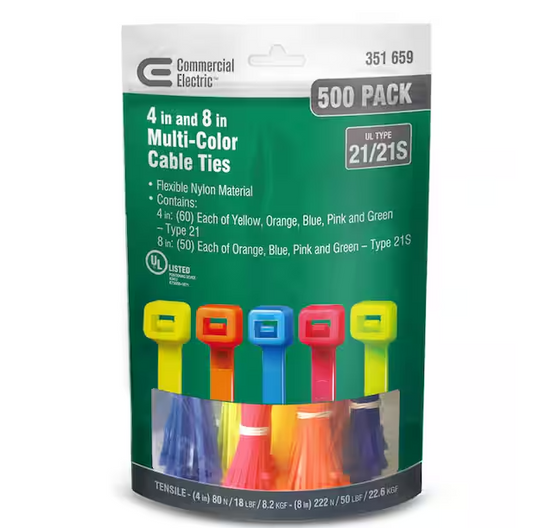 4in, 8in Standard UL 21S Rated Cable Zip Ties 500 COMBO Pack (Assorted Colors) - 9351659