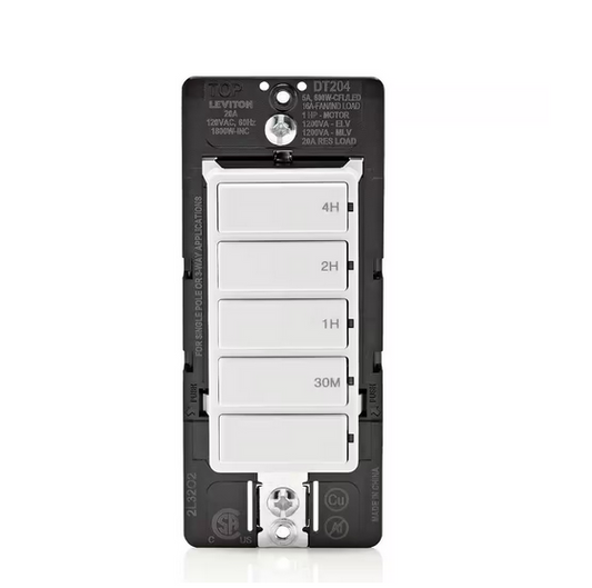 Decora 20 Amp 4-Hour Indoor In-Wall Countdown Timer Switch, 1 HP/16 Amp Fan/Motor, Single Pole/Multi-Way, White - 91010072598